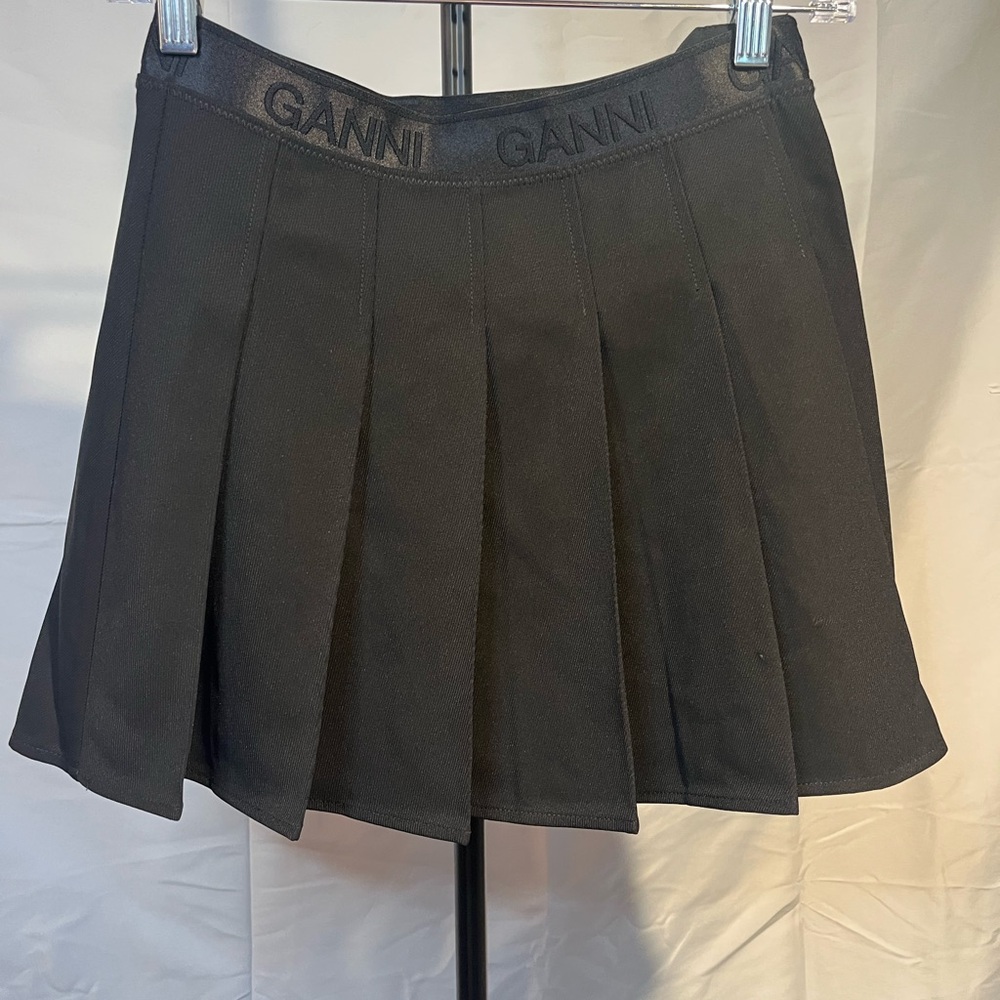 Ganni elasticated waistband light twill Pleated Mini Black Skirt Sz 32 - Picture 4 of 11